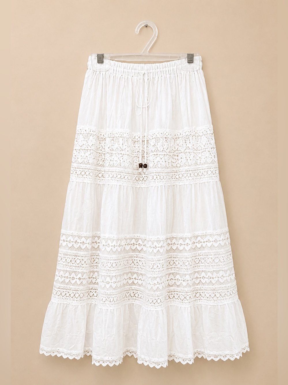 Women's Long White Tiered Lace Maxi Skirt